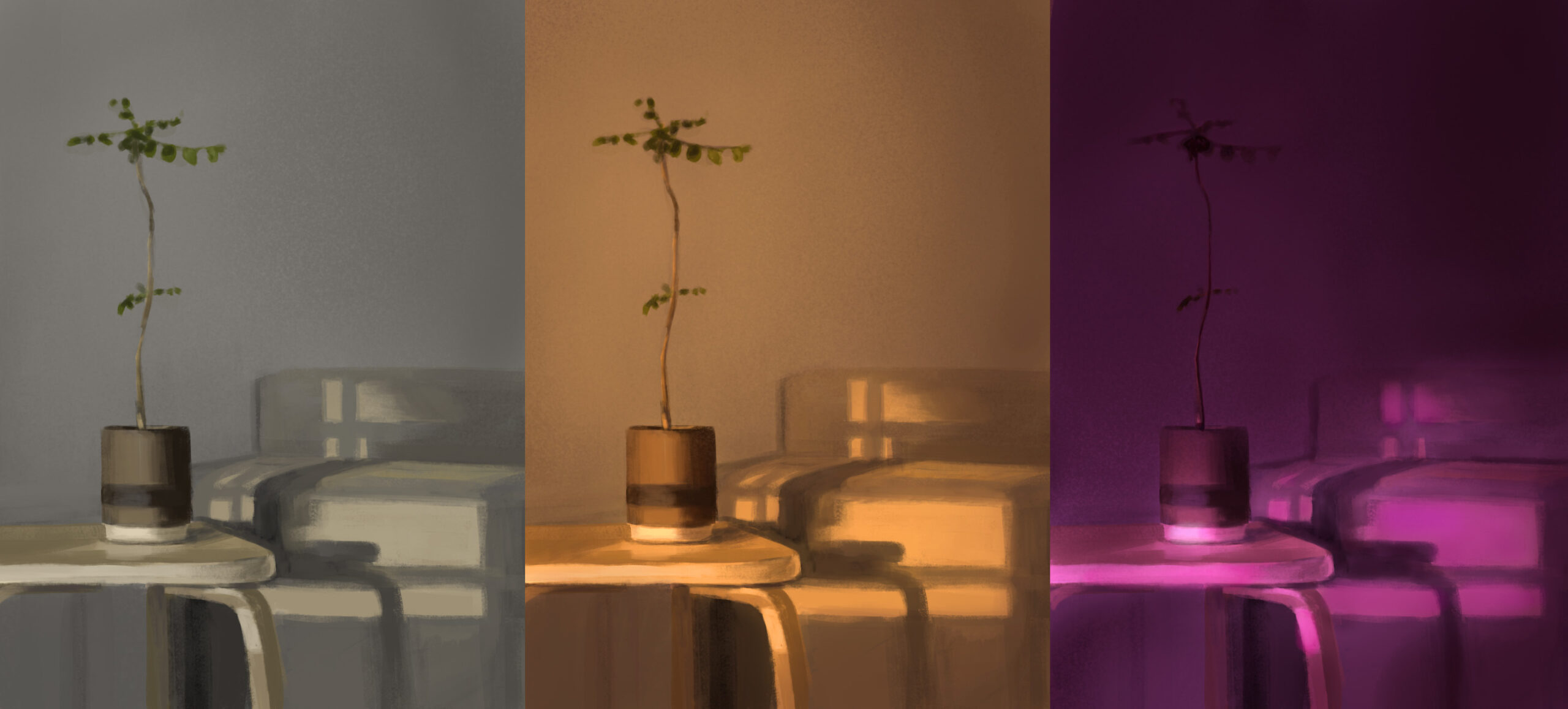 Digital paintings of a colour study of a vase and couch