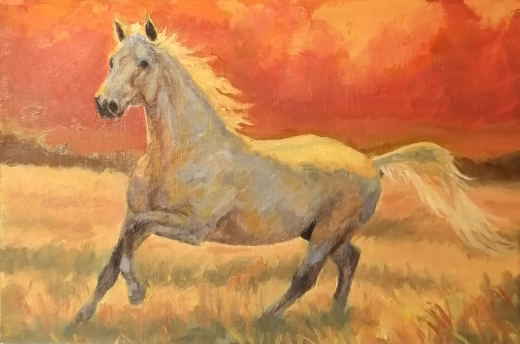 Oil painting of a horse running